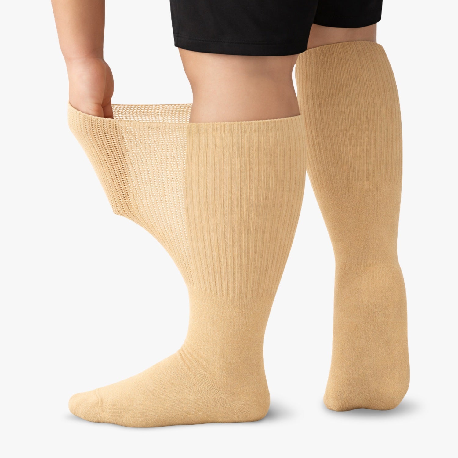 Chaussettes diabétiques extra-larges beiges, bord extensible non comprimant étiré à la main