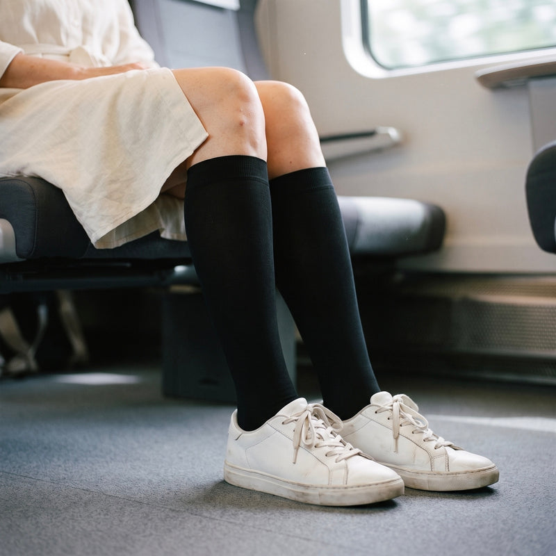 Chaussettes de contention opaques Classe 2 portées en voyage