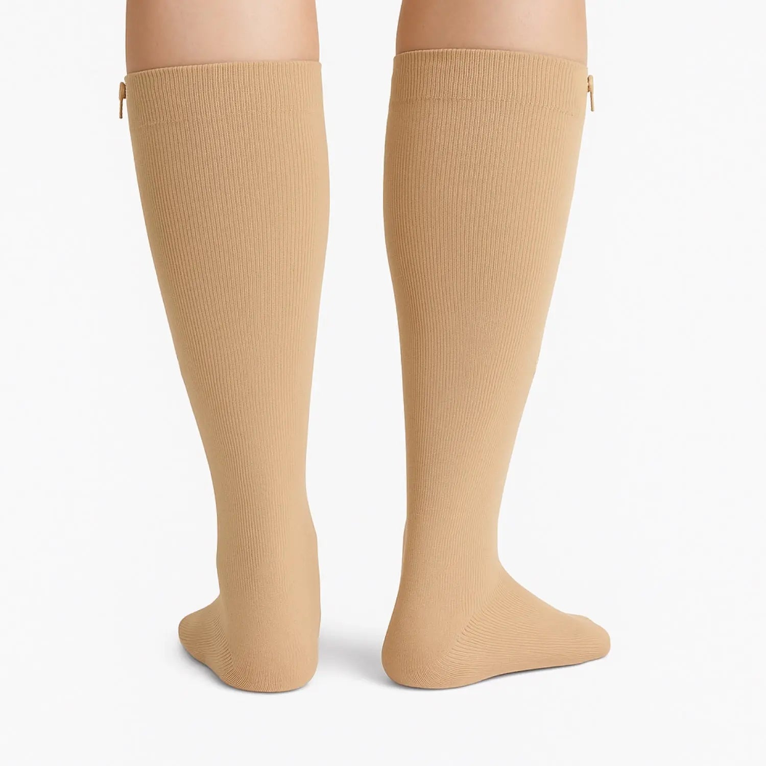 Chaussettes de contention à zip beiges classe 2 portées, vue de dos