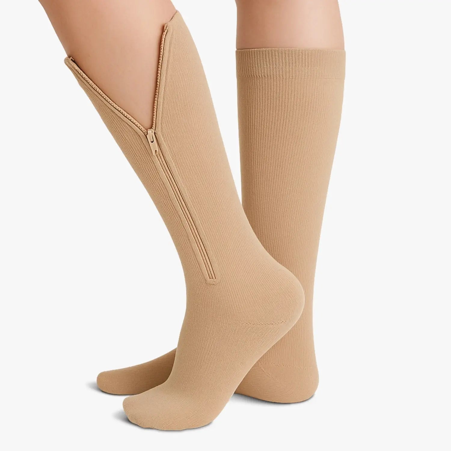 Chaussettes de contention à zip beiges classe 2, fermeture éclair ouverte