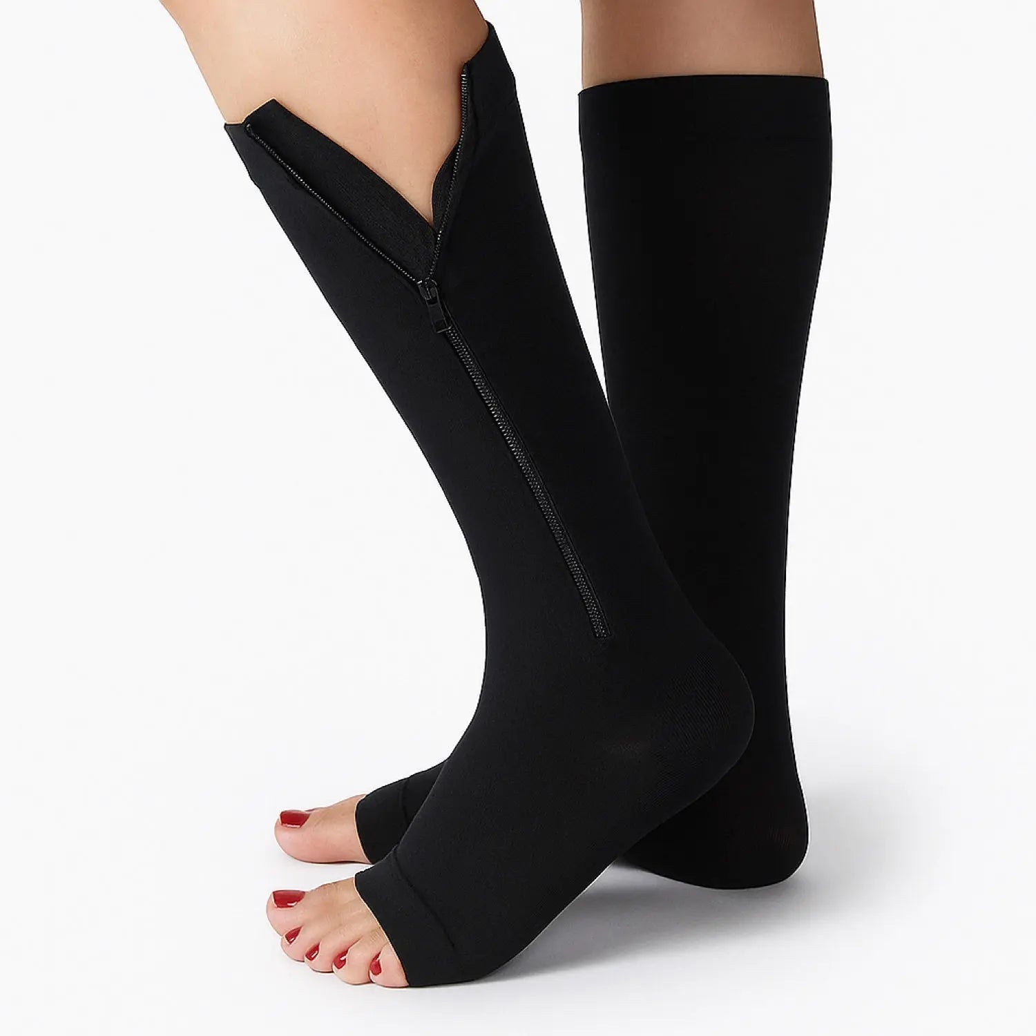 Chaussettes de contention à zip et pieds ouverts noires classe 2, fermeture éclair latérale ouverte