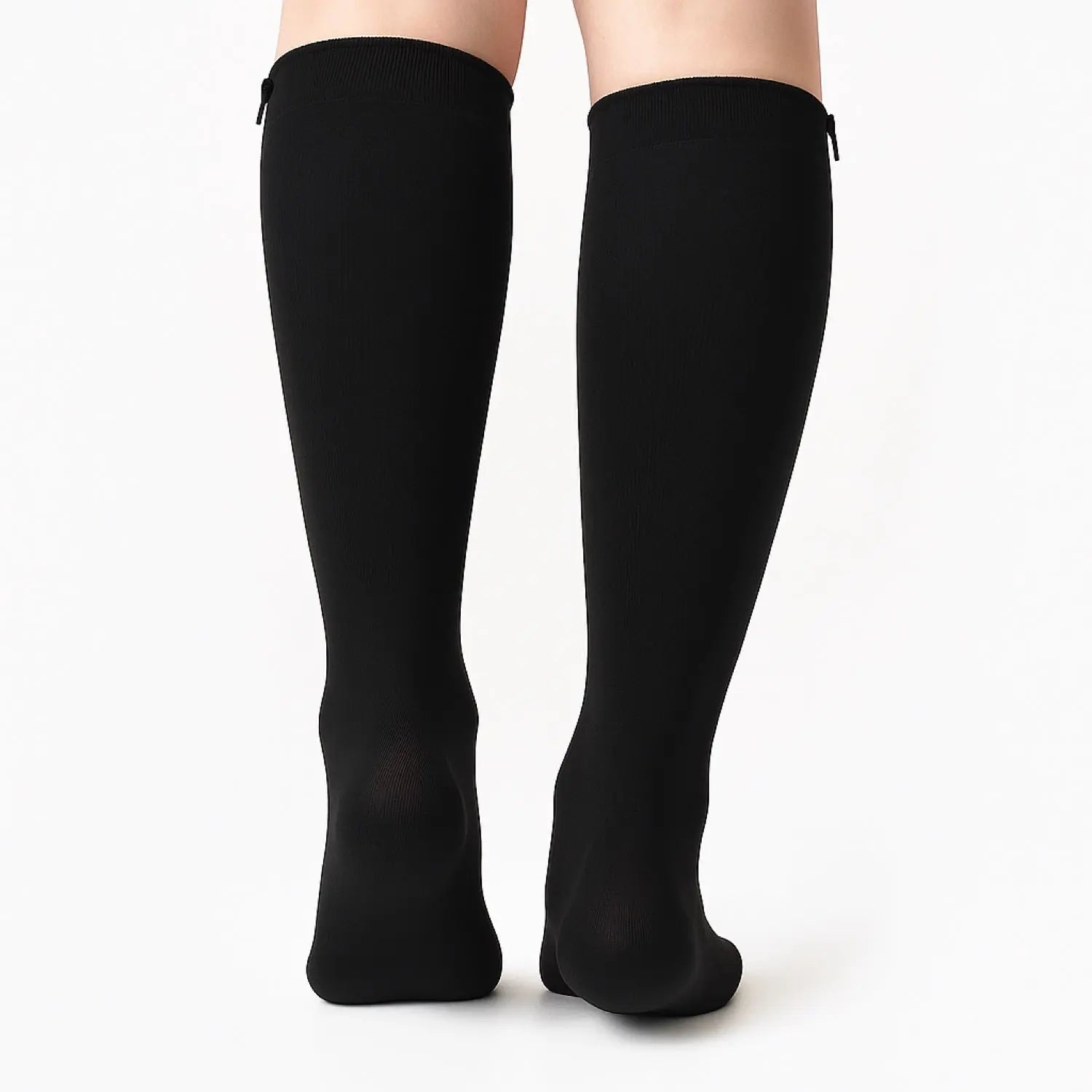 Chaussettes de contention à zip et pieds ouverts noires classe 2 portées, vue de dos