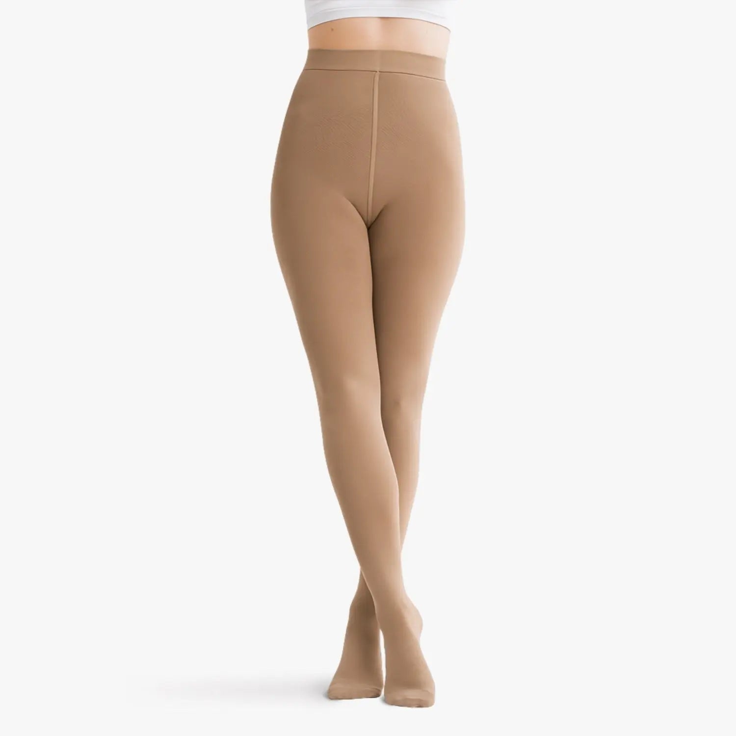 Collant de contention opaque beige classe 2 porté, vue de face