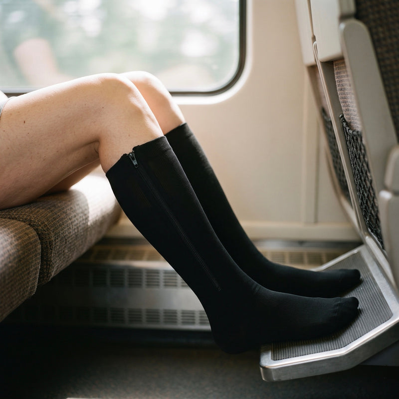 Chaussettes de contention à zip classe 2 portées en voyage